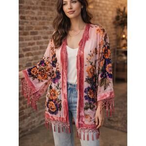 Jay Ley GORGEOUS Floral Long Silk Devore Kimono Burnout Velvet Tassel Festival